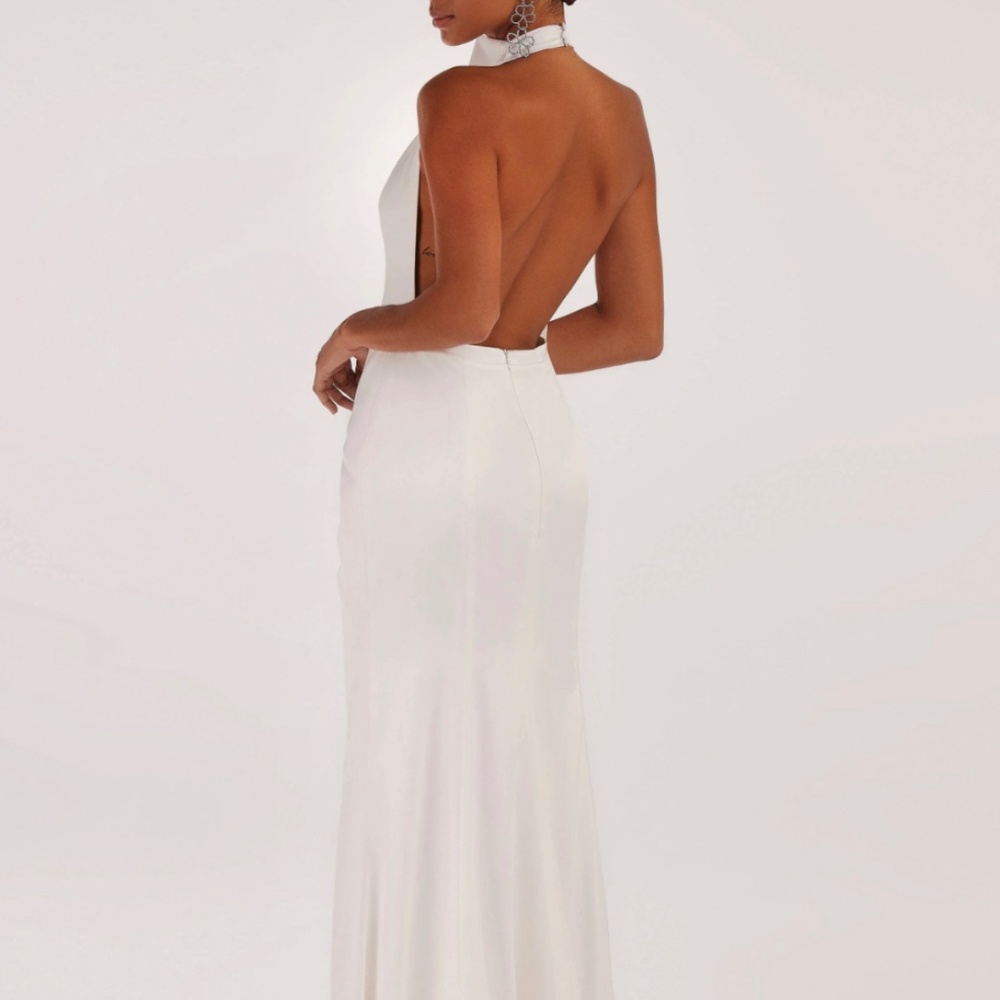 White Mock Neck sleeveless low slit dress - Picture 2 of 4
